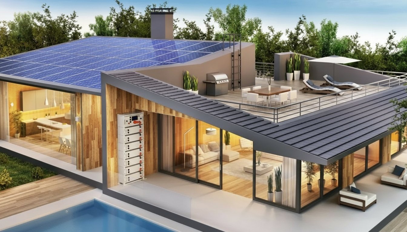 Modern home powered by rooftop solar and a PowerLyra battery storage system